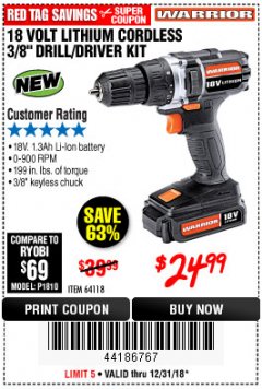 Harbor Freight Coupon WARRIOR 18V CORDLESS, 3/8 IN. DRILL KIT WITH BATTERY AND CHARGER Lot No. 58389/64118/56122 Expired: 12/31/18 - $24.99