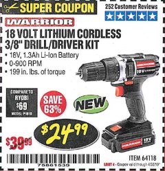 Harbor Freight Coupon WARRIOR 18V CORDLESS, 3/8 IN. DRILL KIT WITH BATTERY AND CHARGER Lot No. 58389/64118/56122 Expired: 4/30/19 - $24.99