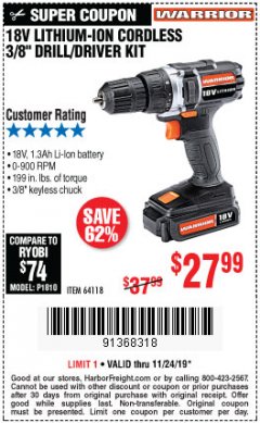 Harbor Freight Coupon WARRIOR 18V CORDLESS, 3/8 IN. DRILL KIT WITH BATTERY AND CHARGER Lot No. 58389/64118/56122 Expired: 11/24/19 - $27.99