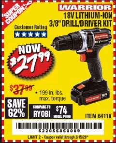 Harbor Freight Coupon WARRIOR 18V CORDLESS, 3/8 IN. DRILL KIT WITH BATTERY AND CHARGER Lot No. 58389/64118/56122 Expired: 2/15/20 - $27.99