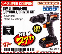 Harbor Freight Coupon WARRIOR 18V LITHIUM 3/8" CORDLESS DRILL Lot No. 64118 Expired: 3/31/20 - $27.99