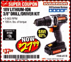 Harbor Freight Coupon WARRIOR 18V CORDLESS, 3/8 IN. DRILL KIT WITH BATTERY AND CHARGER Lot No. 58389/64118/56122 Expired: 3/31/20 - $27.99