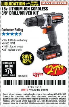 Harbor Freight Coupon WARRIOR 18V CORDLESS, 3/8 IN. DRILL KIT WITH BATTERY AND CHARGER Lot No. 58389/64118/56122 Expired: 3/31/20 - $27.99