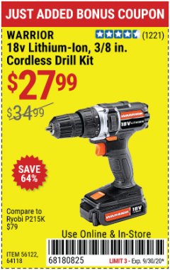 Harbor Freight Coupon WARRIOR 18V CORDLESS, 3/8 IN. DRILL KIT WITH BATTERY AND CHARGER Lot No. 58389/64118/56122 Expired: 9/30/20 - $27.99