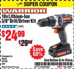 Harbor Freight Coupon WARRIOR 18V CORDLESS, 3/8 IN. DRILL KIT WITH BATTERY AND CHARGER Lot No. 58389/64118/56122 Expired: 3/3/21 - $24.99