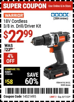 Harbor Freight Coupon WARRIOR 18V CORDLESS, 3/8 IN. DRILL KIT WITH BATTERY AND CHARGER Lot No. 58389/64118/56122 Expired: 8/17/23 - $22.99