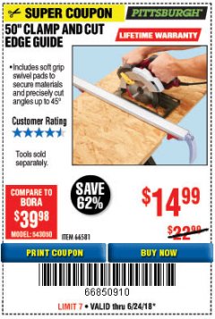 Harbor Freight Coupon 50" CLAMP & CUT EDGE GUIDE Lot No. 66581 Expired: 6/24/18 - $14.99