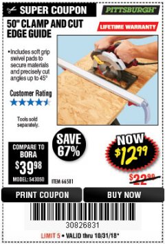 Harbor Freight Coupon 50" CLAMP & CUT EDGE GUIDE Lot No. 66581 Expired: 10/31/18 - $12.99