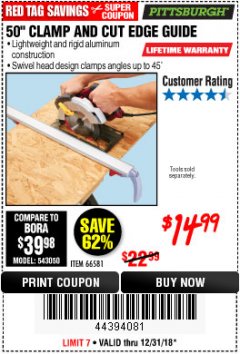 Harbor Freight Coupon 50" CLAMP & CUT EDGE GUIDE Lot No. 66581 Expired: 12/31/18 - $14.99