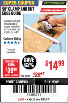Harbor Freight Coupon 50" CLAMP & CUT EDGE GUIDE Lot No. 66581 Expired: 3/24/19 - $14.99