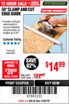 Harbor Freight Coupon 50" CLAMP & CUT EDGE GUIDE Lot No. 66581 Expired: 4/28/19 - $14.99