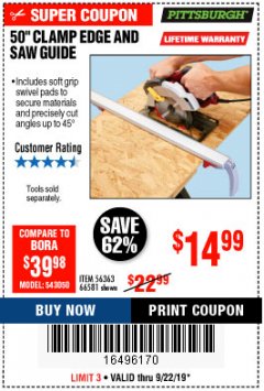 Harbor Freight Coupon 50" CLAMP & CUT EDGE GUIDE Lot No. 66581 Expired: 9/22/19 - $14.99
