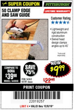 Harbor Freight Coupon 50" CLAMP & CUT EDGE GUIDE Lot No. 66581 Expired: 12/8/19 - $9.99