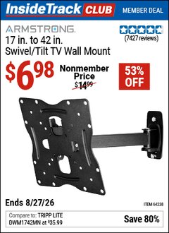 Harbor Freight ITC Coupon ARMSTRONG 17 IN. TO 42 IN. SWIVEL/TILT TV WALL MOUNT Lot No. 64238 Valid Thru: 8/27/26 - $6.98