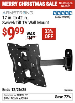 Harbor Freight Coupon ARMSTRONG 17 IN. TO 42 IN. SWIVEL/TILT TV WALL MOUNT Lot No. 64238 EXPIRES: 12/26/25 - $9.99