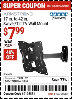 Harbor Freight Coupon ARMSTRONG 17 IN. TO 42 IN. SWIVEL/TILT TV WALL MOUNT Lot No. 64238 Valid Thru: 5/25/26 - $7.99