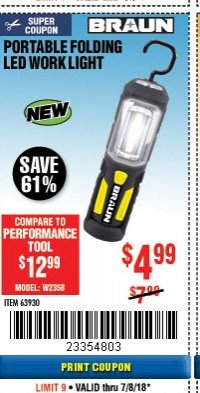 Harbor Freight Coupon PORTABLE FOLDING LED WORK LIGHT Lot No. 63930 Expired: 7/8/18 - $4.99
