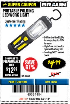 Harbor Freight Coupon PORTABLE FOLDING LED WORK LIGHT Lot No. 63930 Expired: 8/31/18 - $4.99