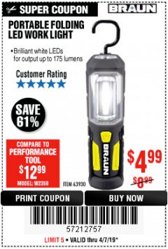 Harbor Freight Coupon PORTABLE FOLDING LED WORK LIGHT Lot No. 63930 Expired: 4/7/19 - $4.99