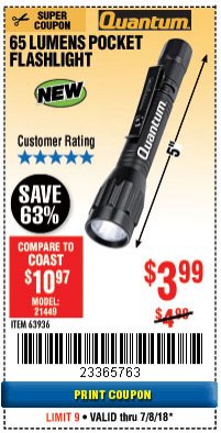 Harbor Freight Coupon 65 LUMENS POCKET FLASHLIGHT Lot No. 63936 Expired: 7/8/18 - $3.99