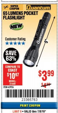 Harbor Freight Coupon 65 LUMENS POCKET FLASHLIGHT Lot No. 63936 Expired: 7/8/18 - $3.99