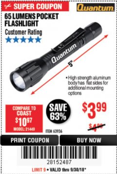 Harbor Freight Coupon 65 LUMENS POCKET FLASHLIGHT Lot No. 63936 Expired: 9/30/18 - $3.99