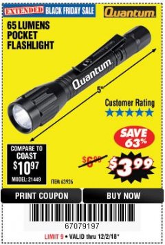 Harbor Freight Coupon 65 LUMENS POCKET FLASHLIGHT Lot No. 63936 Expired: 12/2/18 - $3.99