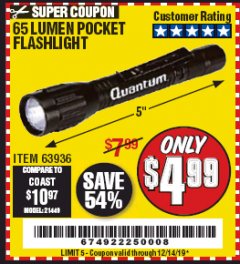 Harbor Freight Coupon 65 LUMENS POCKET FLASHLIGHT Lot No. 63936 Expired: 12/14/19 - $4.99