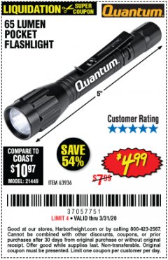 Harbor Freight Coupon 65 LUMENS POCKET FLASHLIGHT Lot No. 63936 Expired: 3/31/20 - $4.99