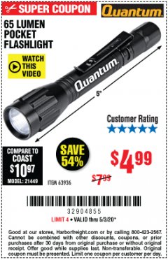 Harbor Freight Coupon 65 LUMENS POCKET FLASHLIGHT Lot No. 63936 Expired: 6/30/20 - $4.99