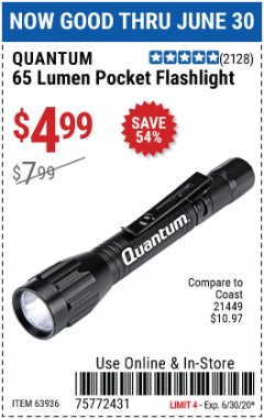 Harbor Freight Coupon 65 LUMENS POCKET FLASHLIGHT Lot No. 63936 Expired: 6/30/20 - $4.99