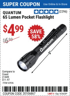 Harbor Freight Coupon 65 LUMENS POCKET FLASHLIGHT Lot No. 63936 Expired: 11/13/20 - $4.99