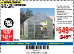 Harbor Freight Coupon 10 FT. X 12 FT. ALUMINUM GREENHOUSE WITH 4 VENTS Lot No. 69893/93358/63353 Expired: 5/13/18 - $549.99