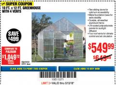 Harbor Freight Coupon ONE STOP GARDENS 10 FT. X 12 FT. GREENHOUSE WITH 4 VENTS Lot No. 93358/63353 Expired: 5/13/18 - $549.99