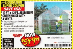 Harbor Freight Coupon 10 FT. X 12 FT. ALUMINUM GREENHOUSE WITH 4 VENTS Lot No. 69893/93358/63353 Expired: 6/30/18 - $549.99