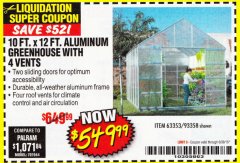 Harbor Freight Coupon ONE STOP GARDENS 10 FT. X 12 FT. GREENHOUSE WITH 4 VENTS Lot No. 93358/63353 Expired: 6/30/18 - $549.99
