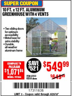 Harbor Freight Coupon 10 FT. X 12 FT. ALUMINUM GREENHOUSE WITH 4 VENTS Lot No. 69893/93358/63353 Expired: 6/25/18 - $549.99