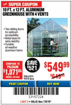 Harbor Freight Coupon 10 FT. X 12 FT. ALUMINUM GREENHOUSE WITH 4 VENTS Lot No. 69893/93358/63353 Expired: 7/18/18 - $549.99
