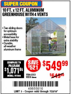 Harbor Freight Coupon ONE STOP GARDENS 10 FT. X 12 FT. GREENHOUSE WITH 4 VENTS Lot No. 93358/63353 Expired: 7/23/18 - $549.99