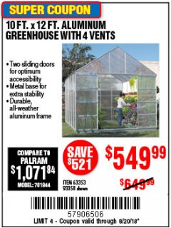 Harbor Freight Coupon 10 FT. X 12 FT. ALUMINUM GREENHOUSE WITH 4 VENTS Lot No. 69893/93358/63353 Expired: 8/20/18 - $549.99