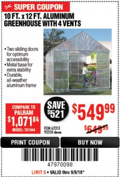 Harbor Freight Coupon 10 FT. X 12 FT. ALUMINUM GREENHOUSE WITH 4 VENTS Lot No. 69893/93358/63353 Expired: 9/9/18 - $549.99