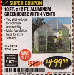 Harbor Freight Coupon 10 FT. X 12 FT. ALUMINUM GREENHOUSE WITH 4 VENTS Lot No. 69893/93358/63353 Expired: 3/31/19 - $499.99