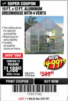 Harbor Freight Coupon 10 FT. X 12 FT. ALUMINUM GREENHOUSE WITH 4 VENTS Lot No. 69893/93358/63353 Expired: 5/31/19 - $499.99