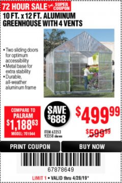 Harbor Freight Coupon 10 FT. X 12 FT. ALUMINUM GREENHOUSE WITH 4 VENTS Lot No. 69893/93358/63353 Expired: 4/28/19 - $499.99