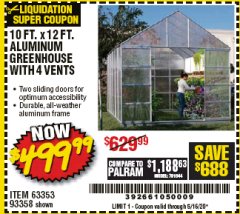 Harbor Freight Coupon ONE STOP GARDENS 10 FT. X 12 FT. GREENHOUSE WITH 4 VENTS Lot No. 93358/63353 Expired: 6/30/20 - $499.99