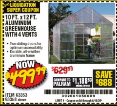 Harbor Freight Coupon 10 FT. X 12 FT. ALUMINUM GREENHOUSE WITH 4 VENTS Lot No. 69893/93358/63353 Expired: 5/16/20 - $499.99