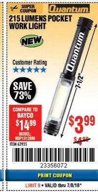 Harbor Freight Coupon 215 LUMENS POCKET WORK LIGHT Lot No. 63935 Expired: 7/8/18 - $3.99
