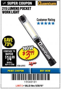 Harbor Freight Coupon 215 LUMENS POCKET WORK LIGHT Lot No. 63935 Expired: 9/30/18 - $3.99