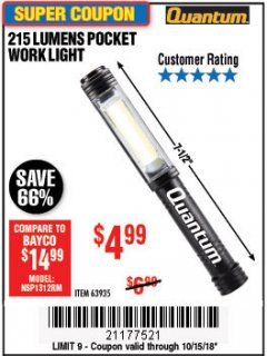 Harbor Freight Coupon 215 LUMENS POCKET WORK LIGHT Lot No. 63935 Expired: 10/15/18 - $4.99