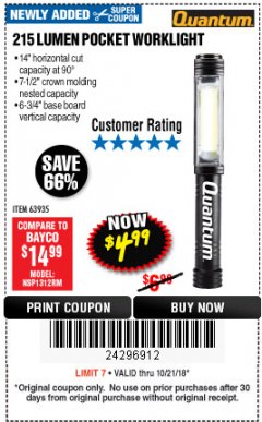 Harbor Freight Coupon 215 LUMENS POCKET WORK LIGHT Lot No. 63935 Expired: 10/21/18 - $4.99